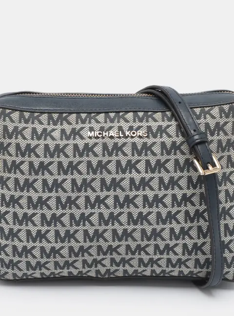 Michael Kors Jet Set Large Navy Blue Signature Canvas and Leather Crossbody Bag
