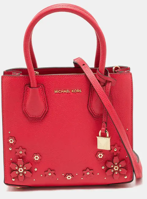 Michael Kors Mercer Floral Embellished Small Hot Pink Leather Tote