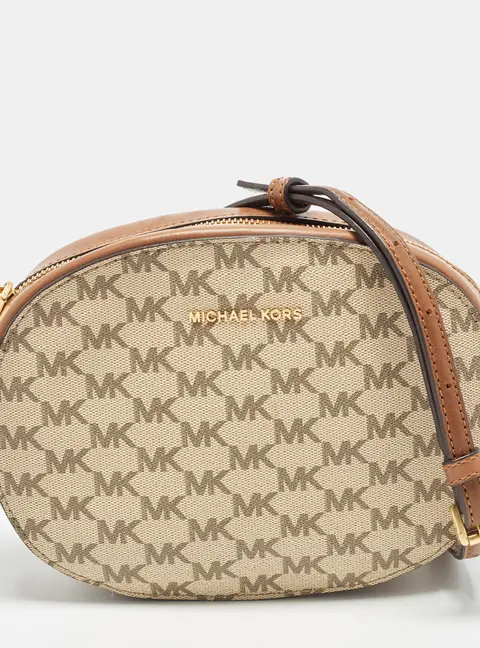Michael Kors Ginny Brown/Beige Signature Coated Canvas and Leather Crossbody Bag
