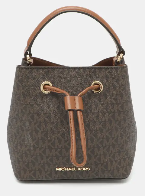 Michael Kors Suri Small Brown Signature Canvas Drawstring Bucket Bag