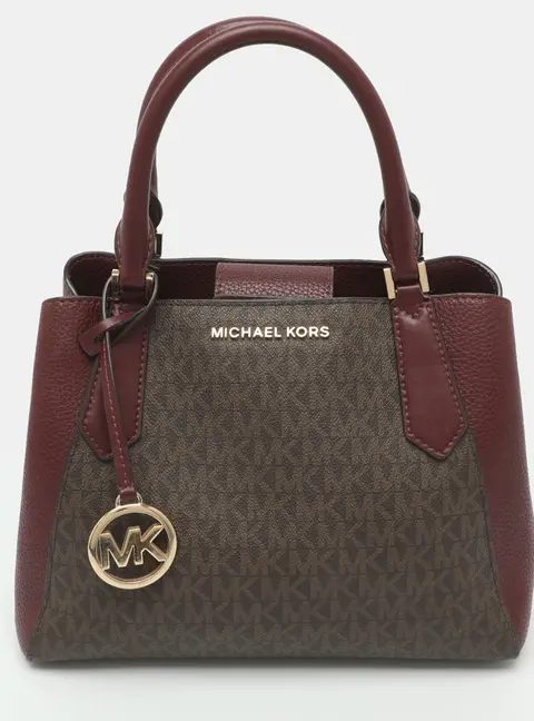 Michael Kors Kimberly Burgundy/Brown Signature Coated Canvas and Leather Satchel