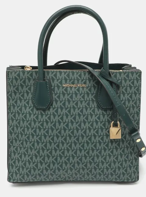 Michael Kors Mercer Medium Green Signature Coated Canvas and Leather Accordion Tote