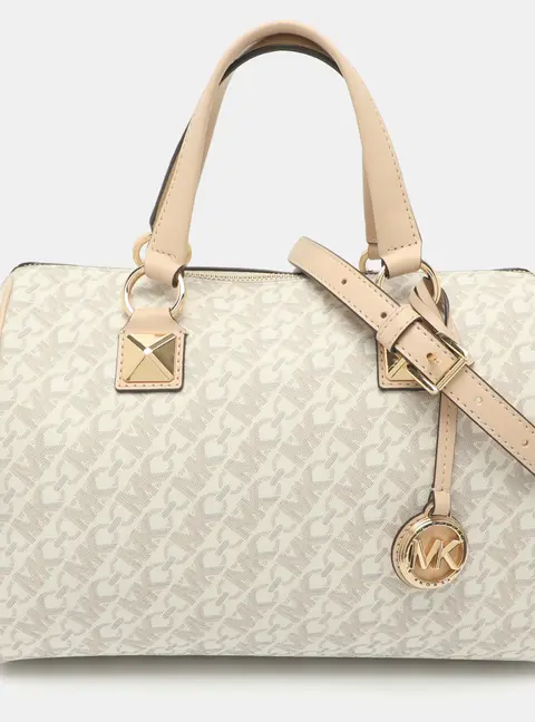 Michael Kors Grayson Medium Beige Signature Coated Canvas and Leather Satchel