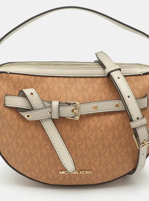 Michael Kors Emilia Medium Tan/Light Beige Coated Canvas and Leather Crossbody Bag