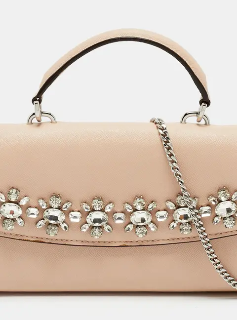 Michael Kors Ava Crystals Beige Leather Wallet On Chain