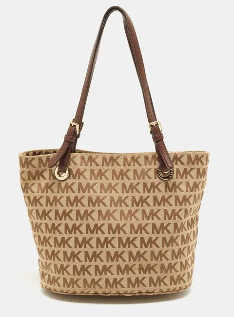 Michael Kors Jet Set Beige/Brown Signature Canvas and Leather Tote