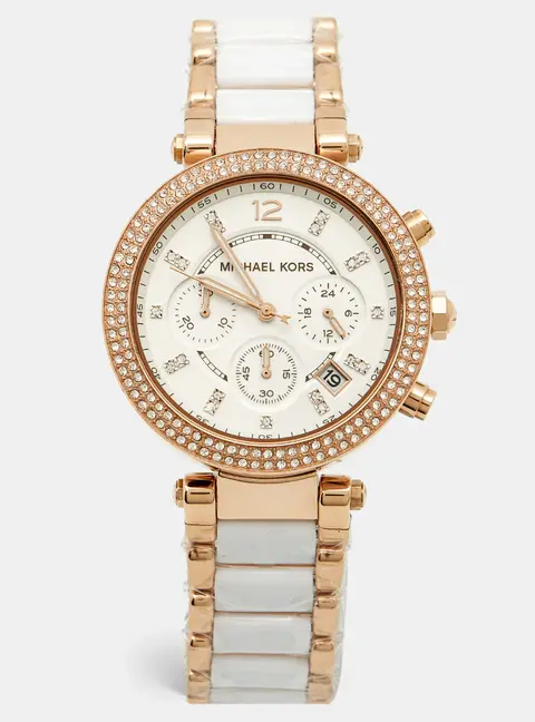 Michael Kors Parker Mk5774 White Dial Gold Tone Stainless Steel Acetate Women's Wristwatch 39 mm