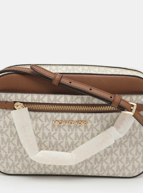 Michael Kors Jet Set EW Large White/Brown Signature Canvas and Leather Crossbody Bag