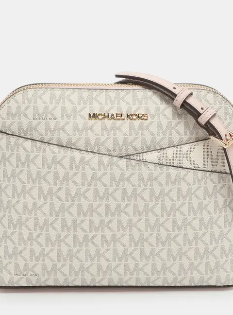 Michael Kors Jet Set Travel Medium White/Blush Pink Signature Coated Canvas Crossbody Bag
