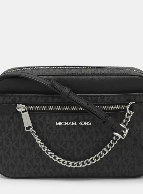 Michael Kors Jet Set EW Large Black Signature Canvas and Leather Crossbody Bag