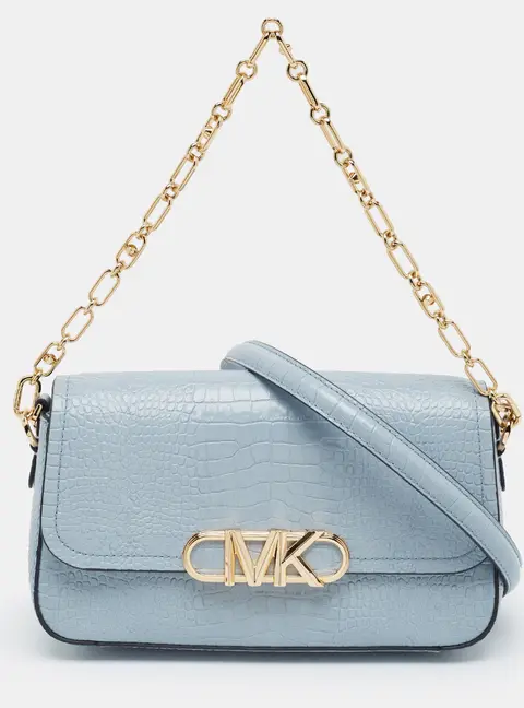 Michael Kors Parker Medium Pale Blue Croc Embossed Leather Shoulder Bag