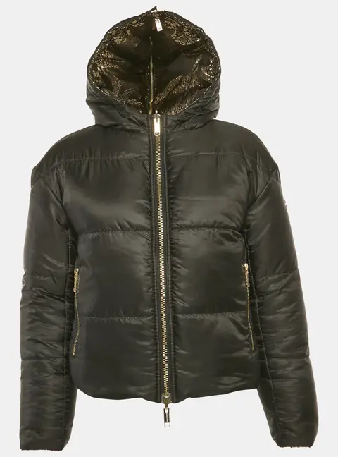 MICHAEL Michael Kors Black/Gold Metallic Logo Cir&eacute; Reversible Puffer Jacket XS