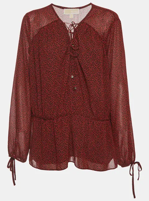 Michael by Michael Kors Red Printed Crepe Long Sleeve Peplum Top L
