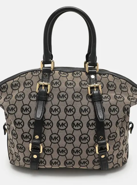 MICHAEL Michael Kors Beige/Black Monogram Canvas and Leather Bedford Satchel