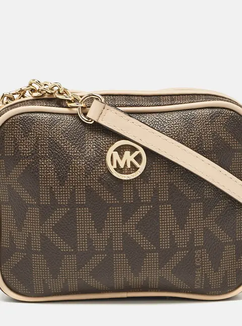 MICHAEL Michael Kors Beige/Brown Signature Coated Canvas and Leather Mini Camera Crossbody Bag