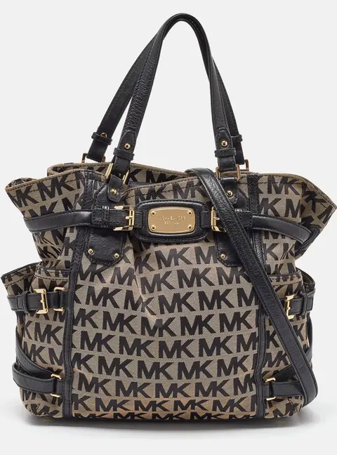 MICHAEL Michael Kors Black/Beige Signature Canvas and Leather Gansevoort Tote