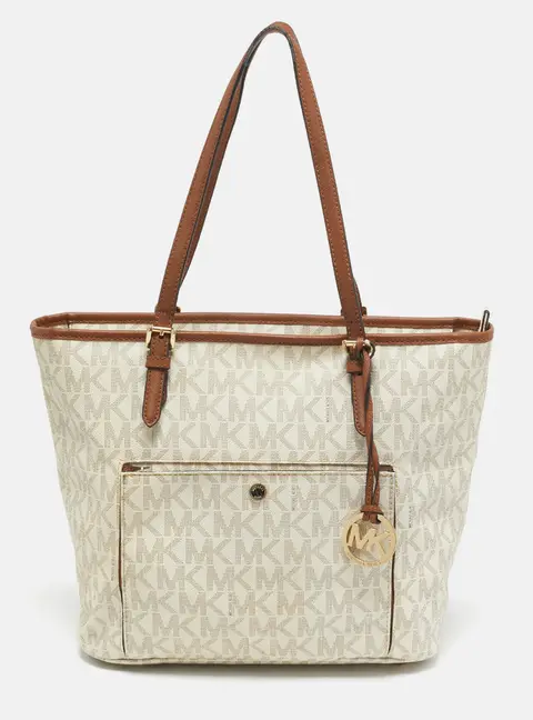 MICHAEL Michael Kors Off White Signature Coated Canvas  Jet Set Snap Pocket Tote