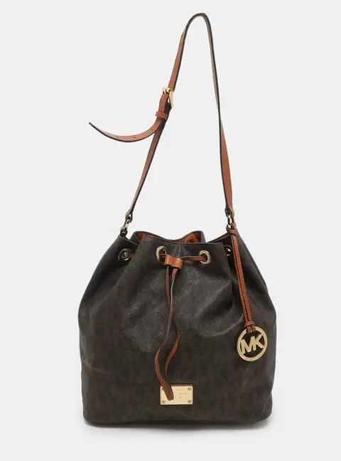MICHAEL Michael Kors Dark Brown Signature Coated Canvas and Leather Frankie Drawstring Bucket Bag