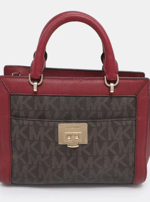 MICHAEL Michael Kors Brown/Red Signature Coated Canvas and Leather Tina Satchel