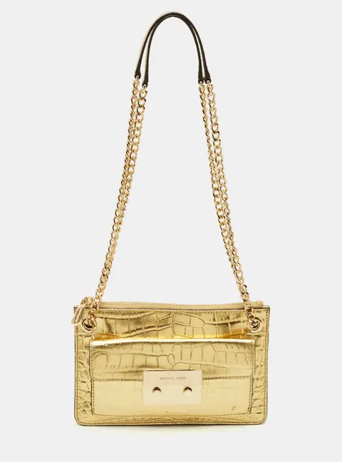 MICHAEL Michael Kors Flat Sloan Gold Croc Embossed Leather Shoulder Bag
