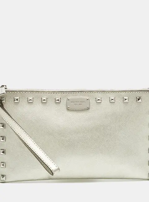 MICHAEL Michael Kors Silver Saffiano Leather Studded Flat Wristlet Pouch