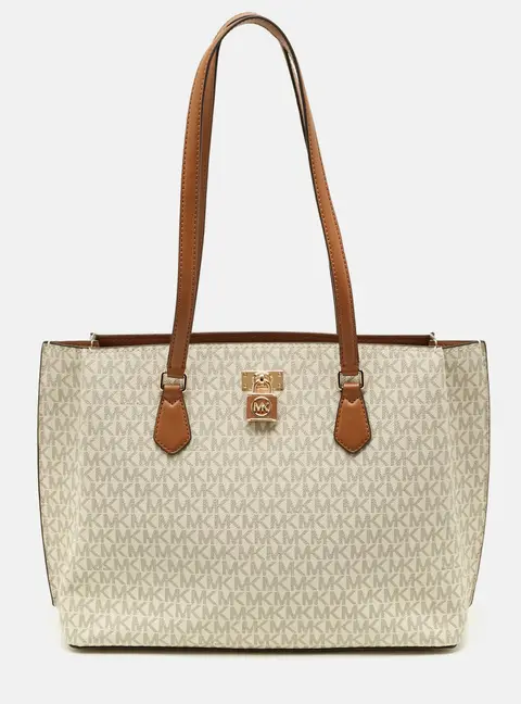 MICHAEL Michael Kors Ruby White/Brown Signature Coated Canvas and Leather Tote