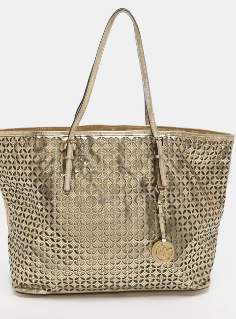 Michael Michael Kors Jet Set Travel Large Metallic Gold Laser Cut Leather Tote
