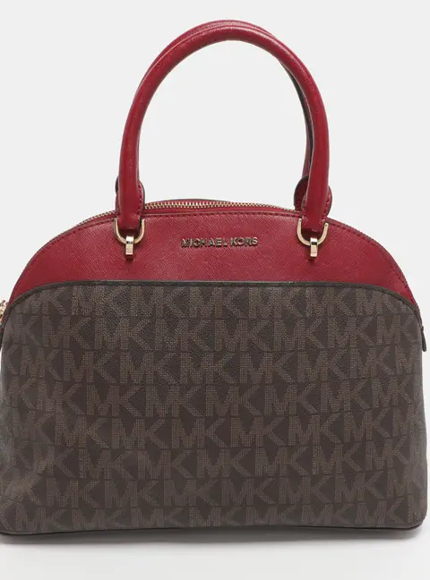 Michael Michael Kors Emmy Red/Brown Signature Coated Canvas and Leather Dome Satchel