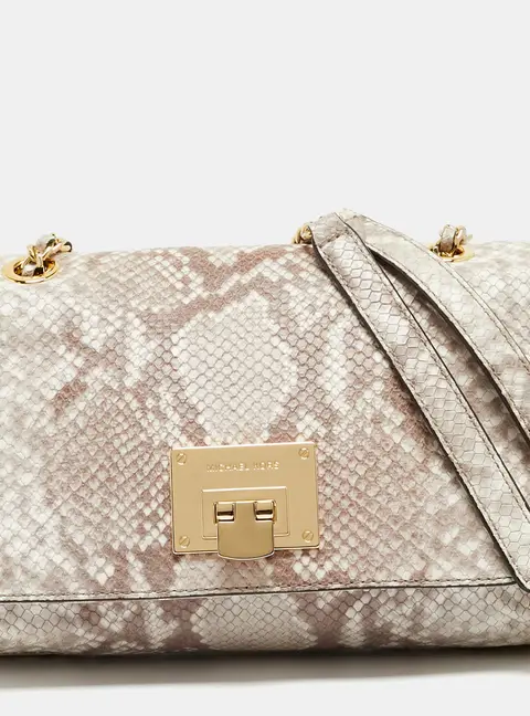 MICHAEL Michael Kors Vivianne Beige Python Embossed Leather Flap Shoulder Bag