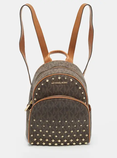 MICHAEL Michael Kors Abbey Studded Brown Signature Coated Canvas Backpack