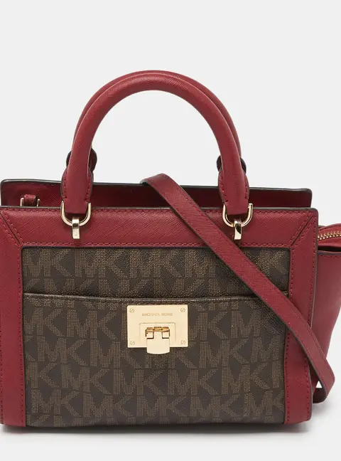 MICHAEL Michael Kors Brown/Red Signature Coated Canvas and Leather Tina Tote