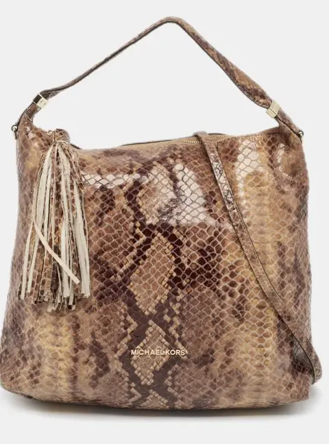 Michael Kors Brown/Black Python Embossed Patent Leather Tassel Hobo