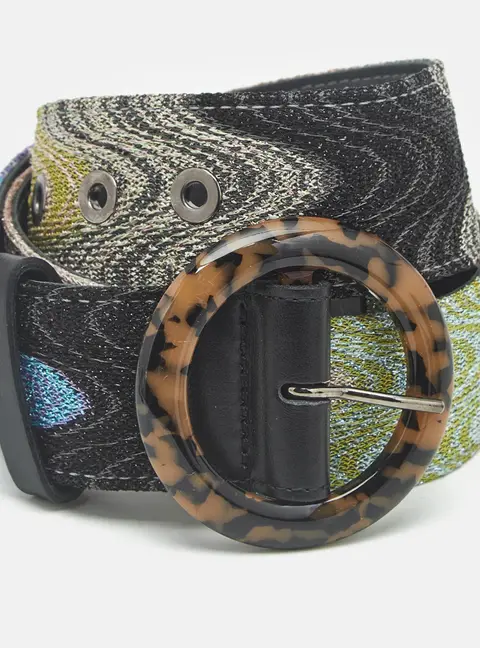 Missoni Wave Pattern M Round Buckle Belt Multicolor Lurex Fabric and Leather