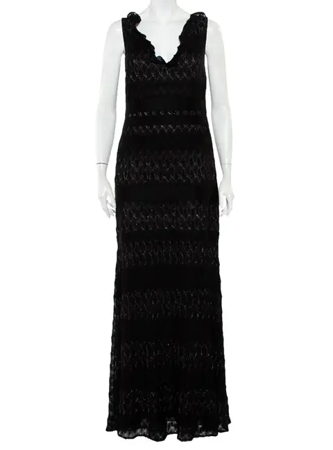 Missoni Black Lurex Knit Ruffled Neck Sleeveless Maxi Dress M