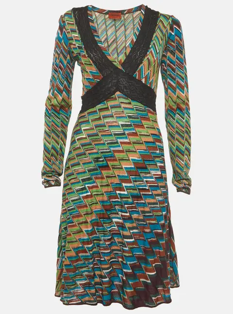 Missoni Multicolour Zig Zag Pattern Knit V Neck Mini Dress M