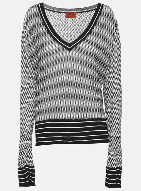 Missoni Black/White Diamond Patterned Knit V Neck Sweater L