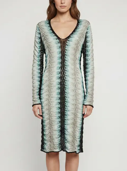 Missoni Multicolor Pointelle Knit V-Neck Ruched Dress L