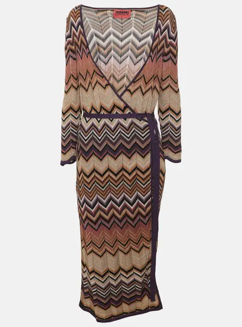 Missoni Lindex Multicolor Zig Zag Knit Fabric Long Belted Cardigan