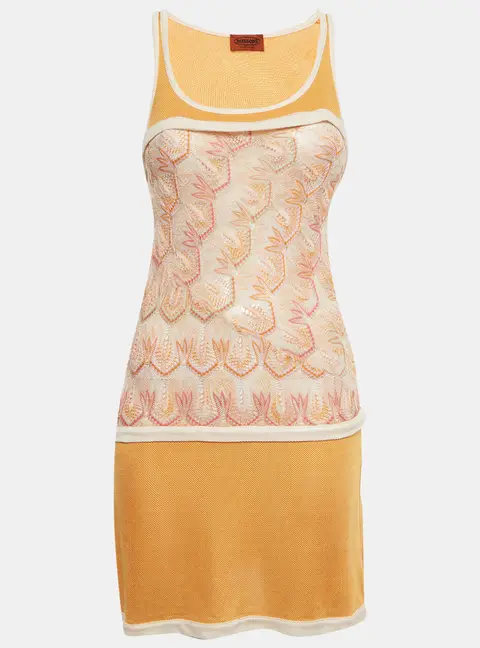 Missoni Orange Crochet Knit Sleeveless Tiered Mini Dress S