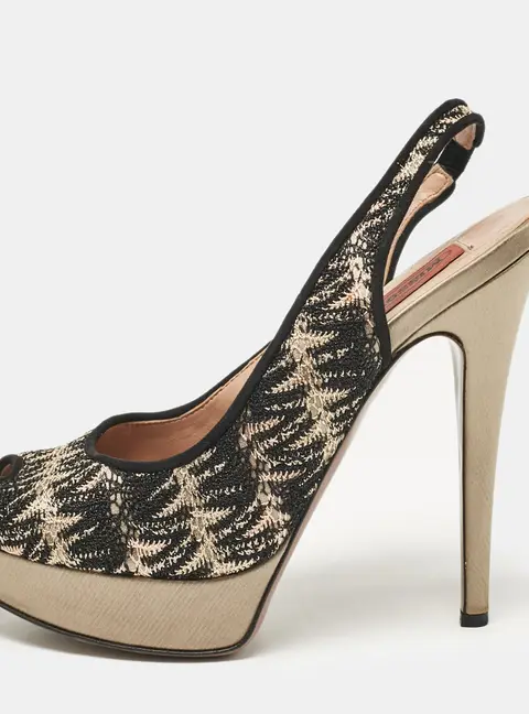 Missoni Black/Grey Lace and Satin Peep Toe Platform Slingback Pumps Size 38