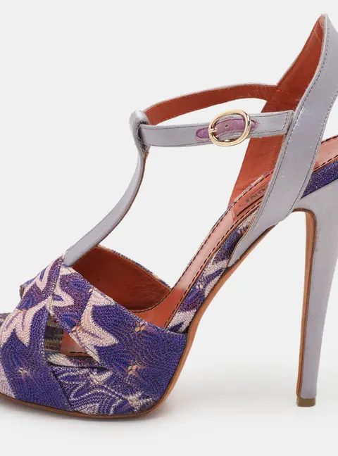 Missoni Grey/Purple Knit Fabric and Leather T-Strap Platform Sandals Size 40