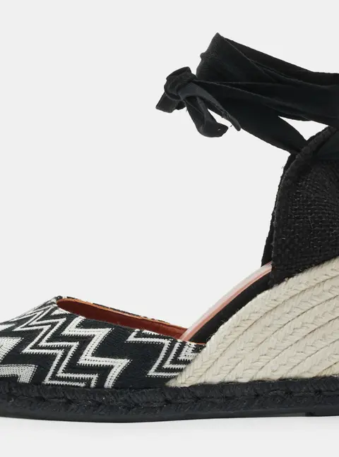 Missoni Size 37 Black/White Fabric and Raffia Chevron Wedge Sandals