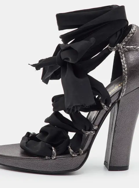 Missoni Size 37 Black/Metallic Fabric and Leather Ankle Strap Sandals