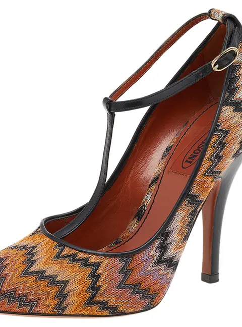 Missoni Black/Orange Fabric And Leather Ankle T-Strap Pumps Size 37.5