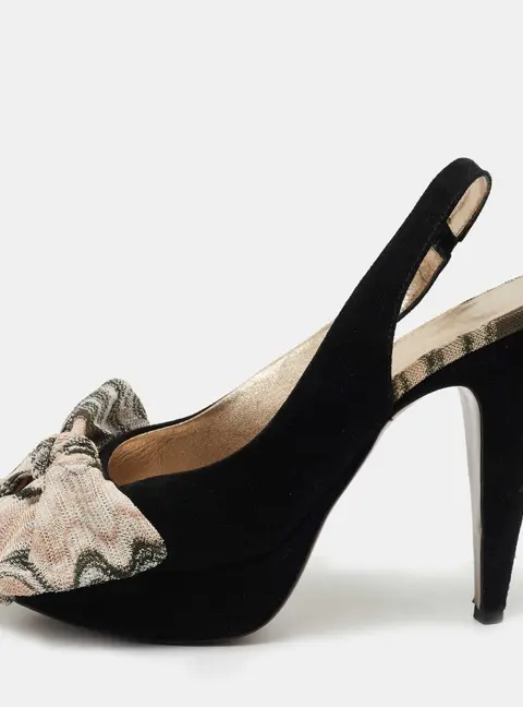 Missoni Black Suede and Fabric Bow Peep Toe Slingback Pumps Size 40