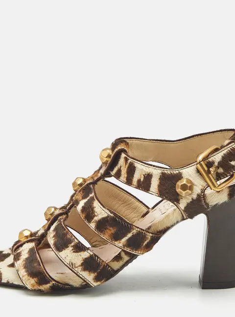 Miu Miu Brown/Beige Calf Hair Studded Strappy Sandals Size 35.5