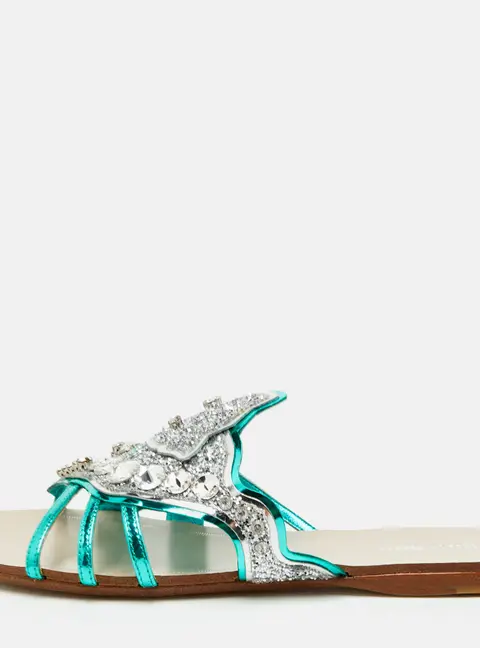 Miu Miu Size 37.5 Green/Silver Glitter and Leather Embellished Flat Sandals