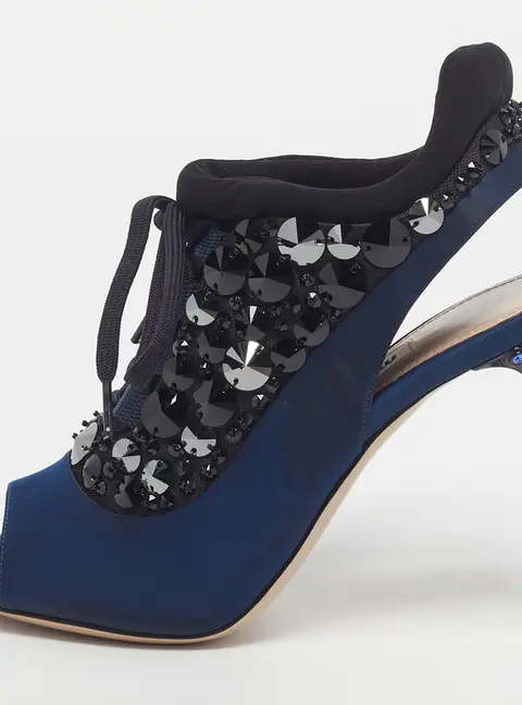 Miu Miu Size 35 Navy Blue/Black Satin and Fabric Embellished Cutout Booties