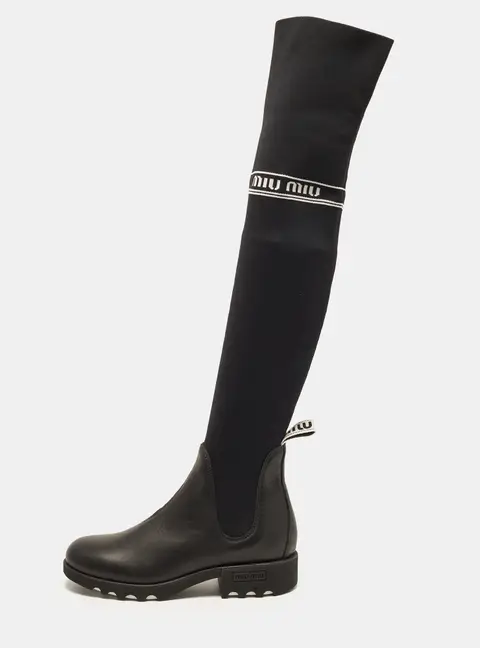 Miu Miu Size 38 Black Knit Fabric and Leather Knee Length Boots