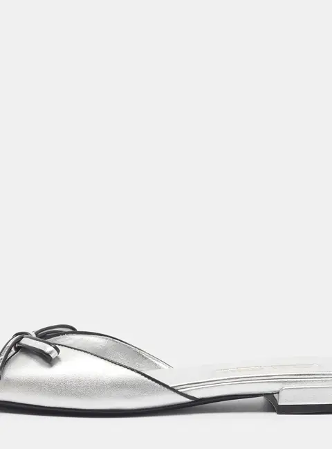 Miu Miu Mordore Size 37.5 Silver Leather Bow Flat Slide